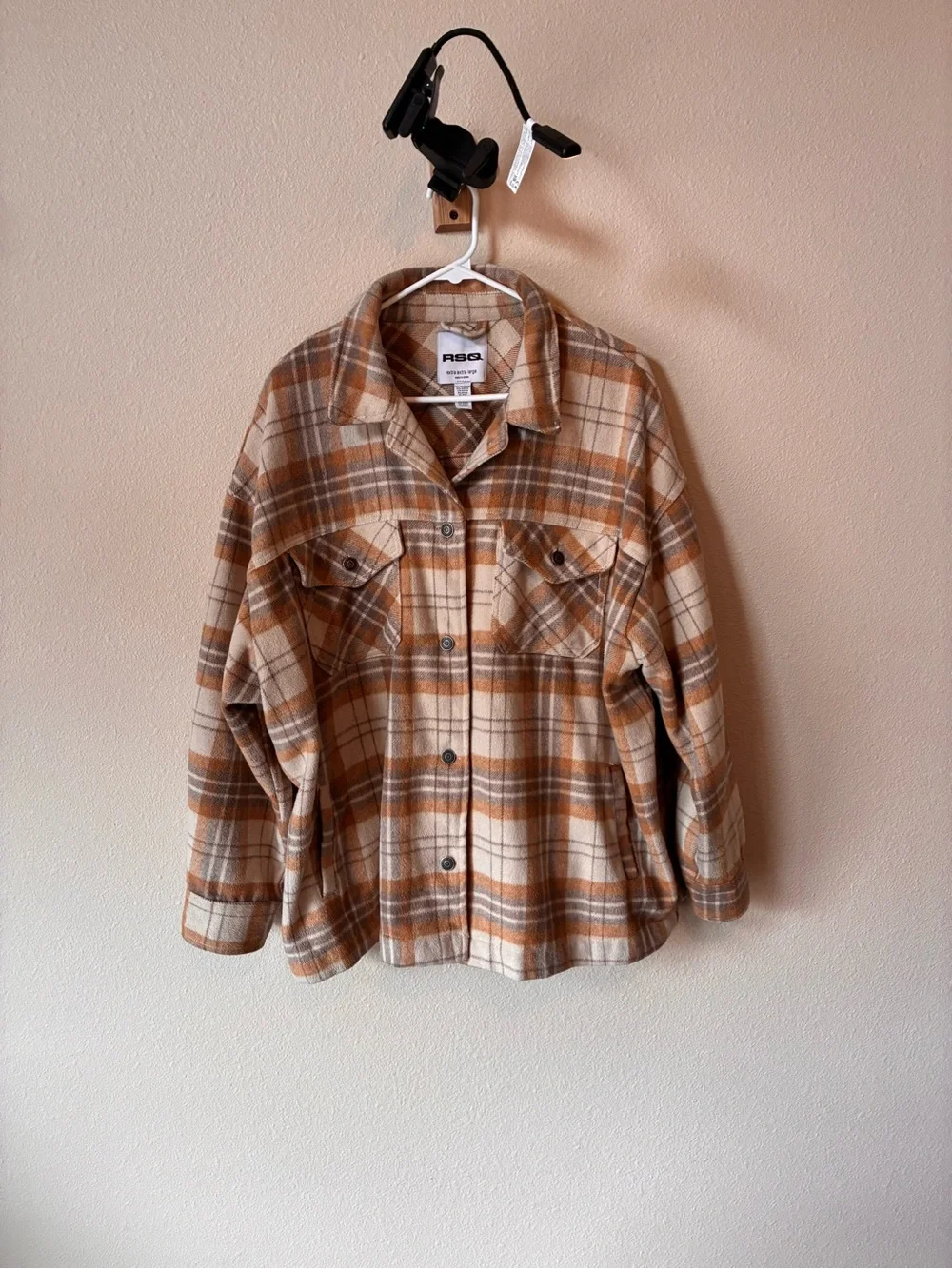 RSQ Plaid Utility Shacket in Beige and Brown - Picture 2 of 4